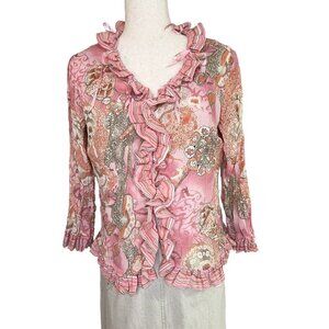 Vtg Pink Floral Top Size M Pink Y2K Boho Hippie Fairy Ruffle 3/4 Sleeve Crinkle